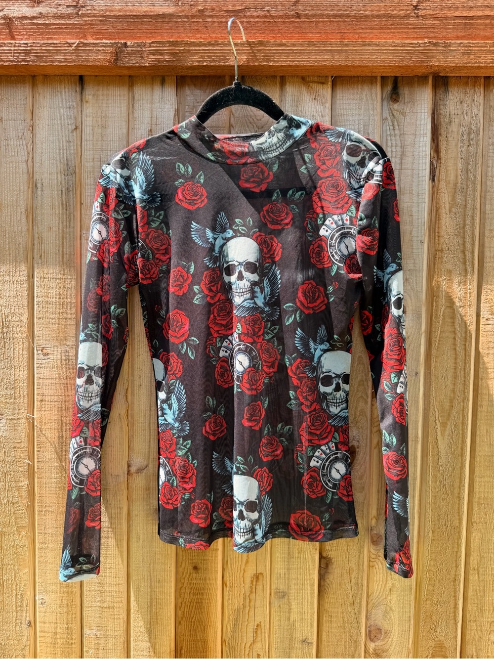 Women's Black Skull & Red Rose Long Sleeve Top